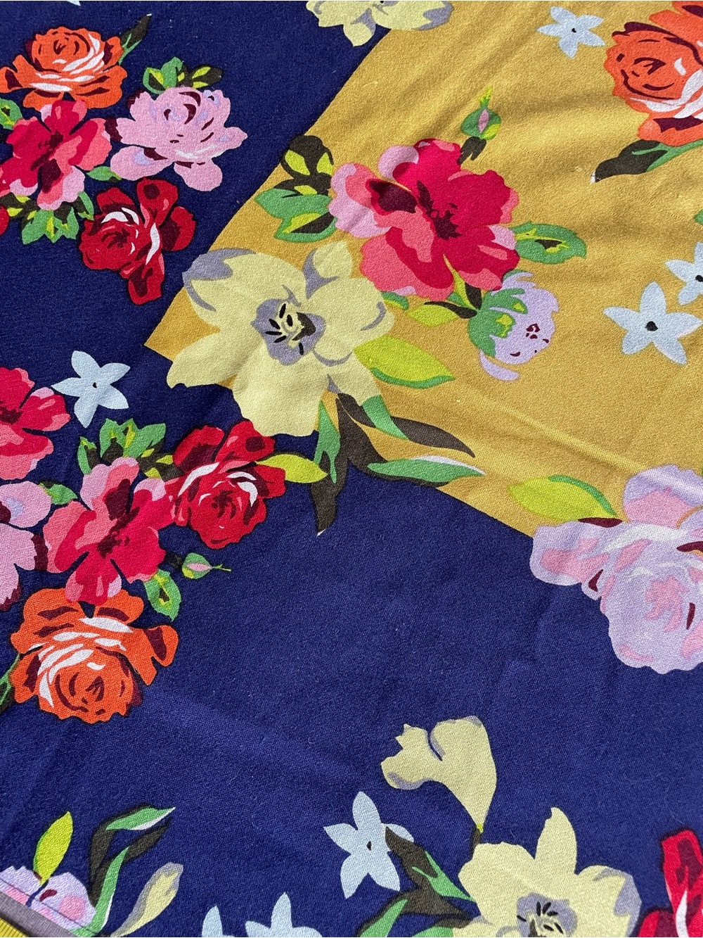 Eric Bompard Cashmere Silk Vintage Floral Square Scarf in Navy and Yellow - Picture 2 of 5